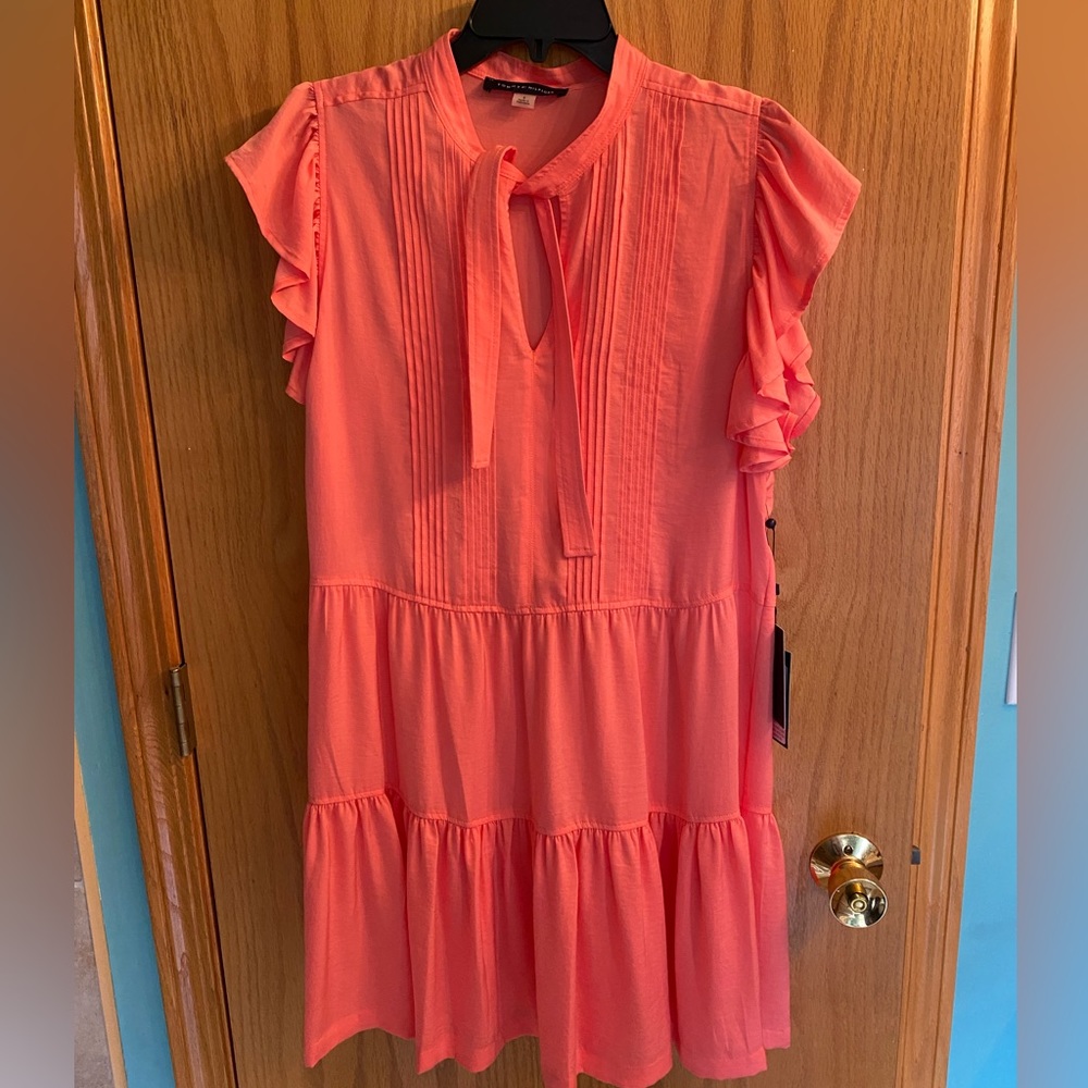 Tommy Hilfiger Short Sleeve coral Ruffle Dress Sz 8 new with tag